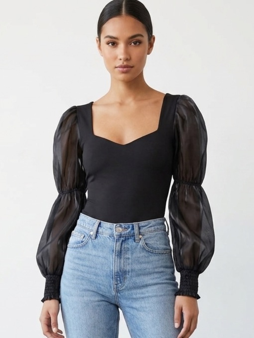mittoshop Black Sweatheart neckline bodysuit, size XS extra small Sheer Sleeves